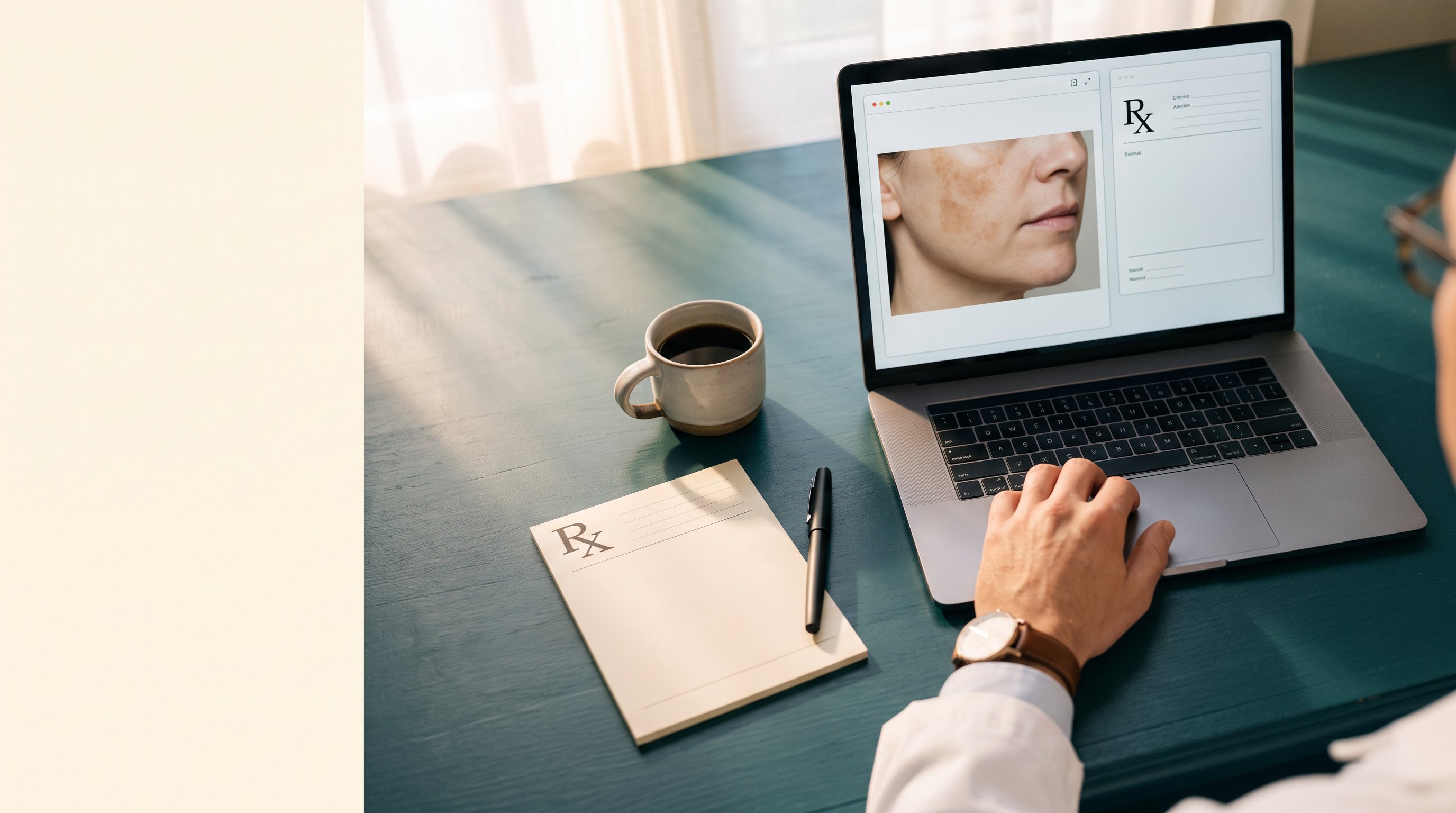 Board-certified dermatologist reviewing a patient's skin photograph and preparing a prescription