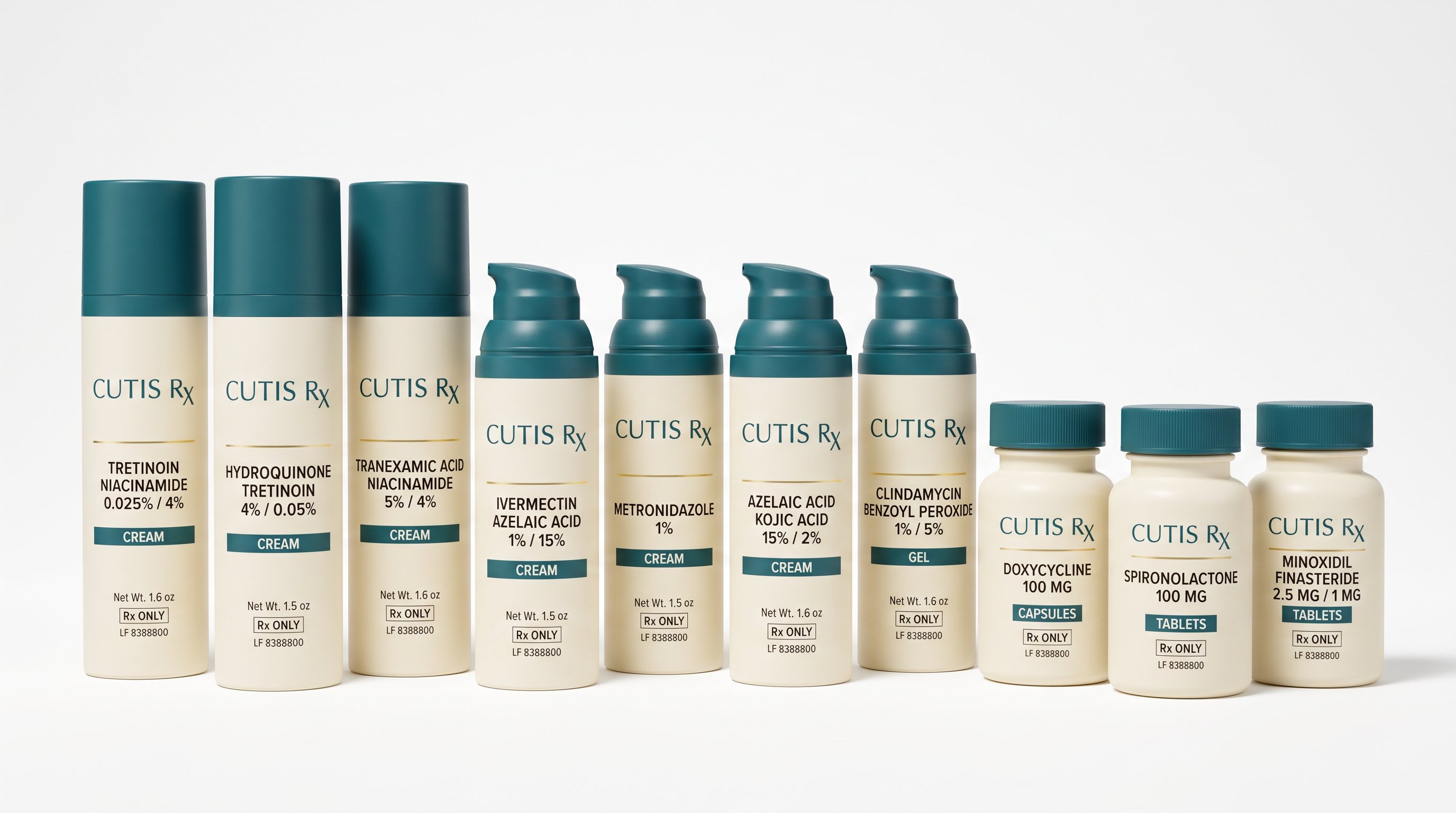 CutisRx prescription dermatology product family — topical creams, gels, and oral tablets across acne, rosacea, pigmentation, texture, and hair loss.